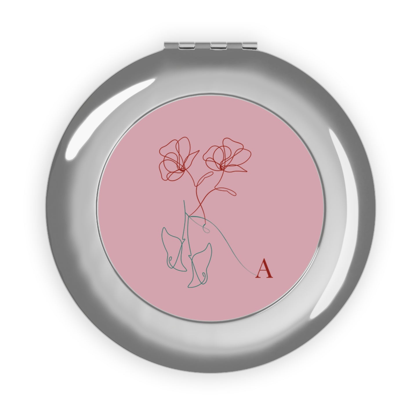 Glossy pink elegant flower compact mirror with custom initials
