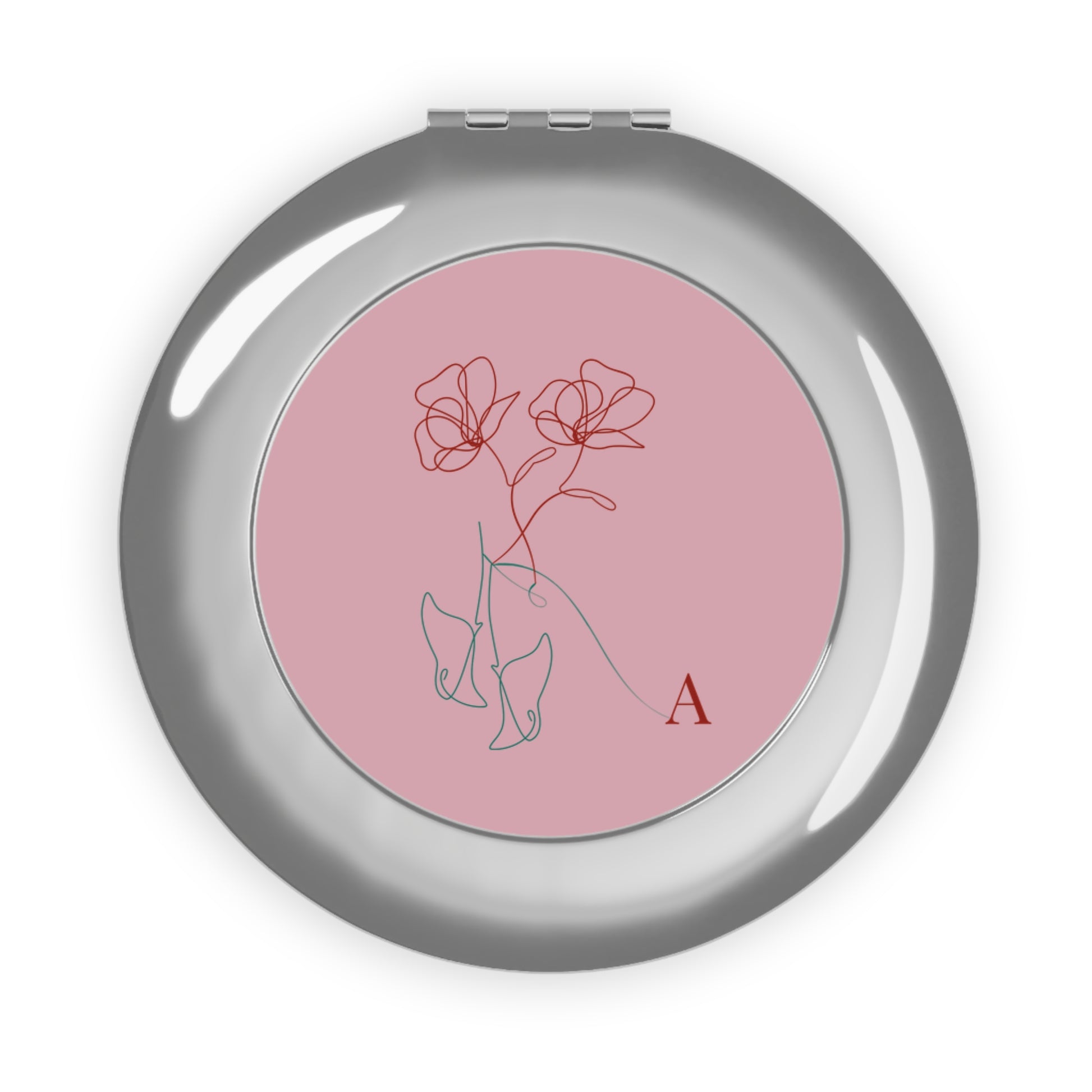 Glossy pink elegant flower compact mirror with custom initials