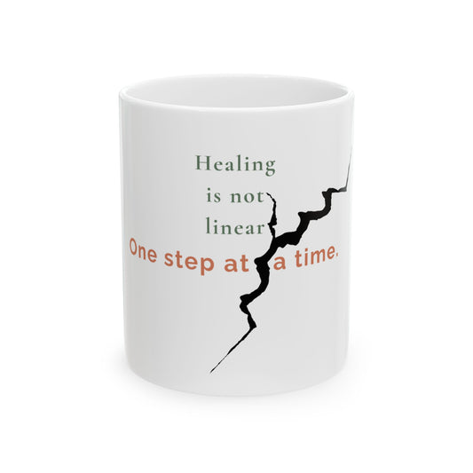 Healing Is Not Linear Coffee Mug – Front View with Cracked Lightning Design – 11oz White Ceramic